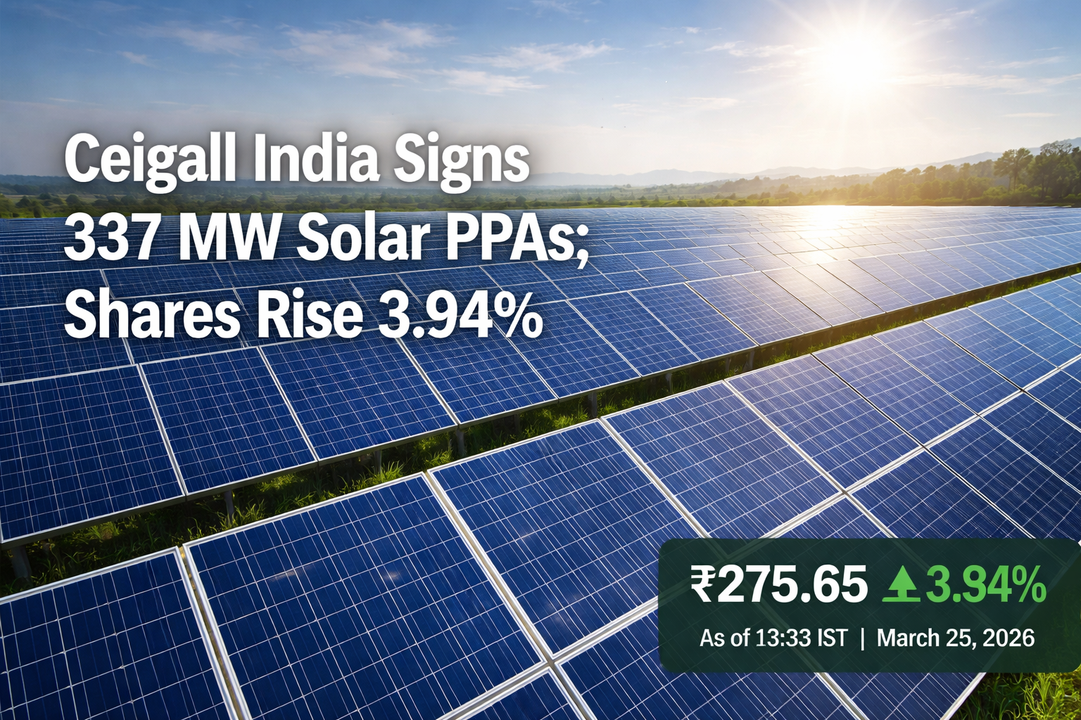 Ceigall India Signs 337 MW Solar PPAs; Shares Rise 3.94%
