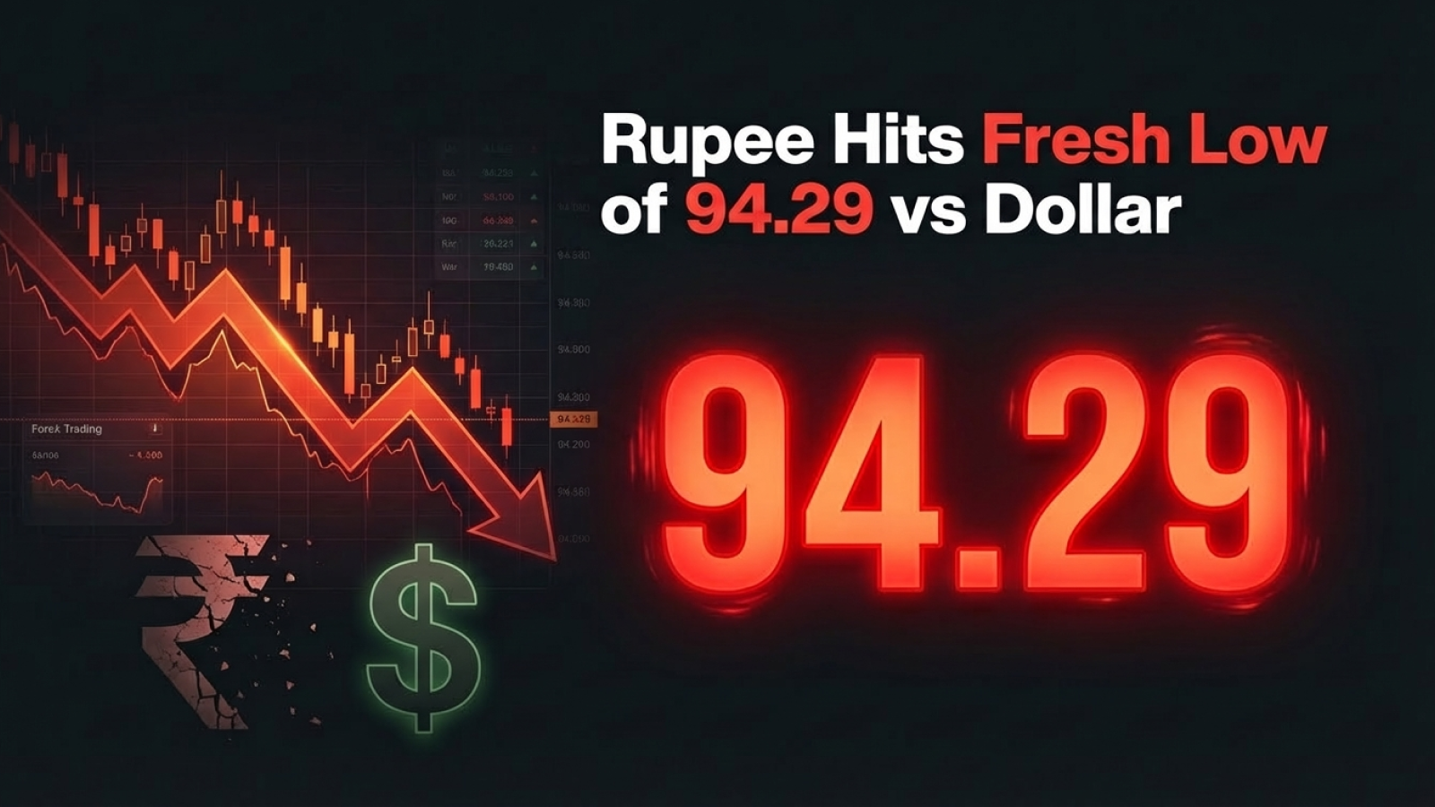 Rupee Hits Fresh Low of 94.29 Versus Dollar