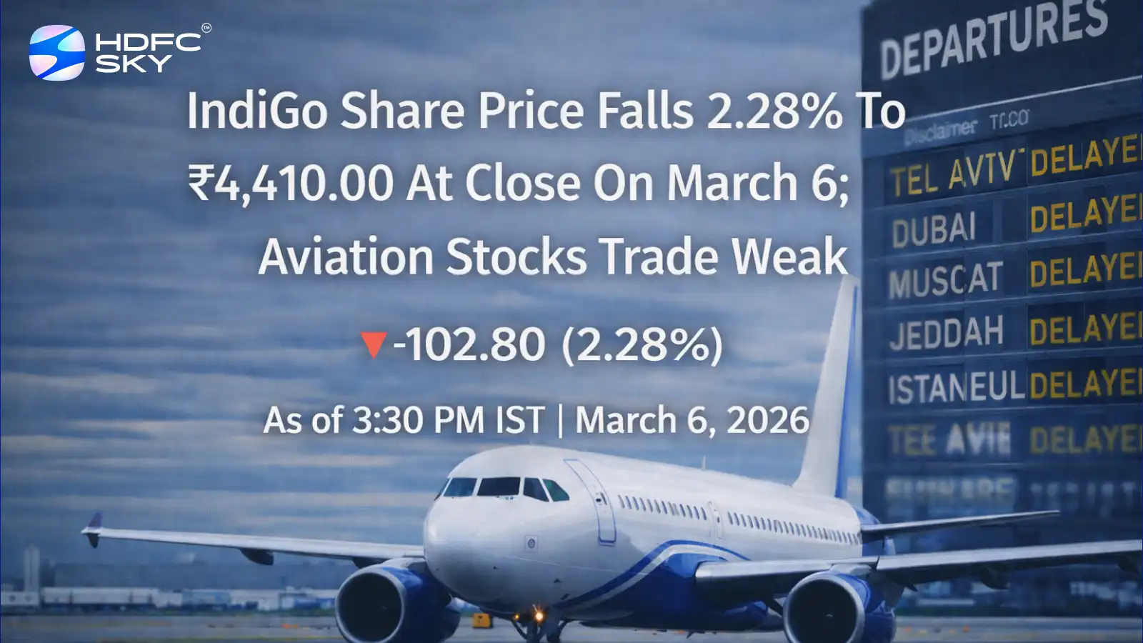 IndiGo Share Price Falls 2.28% To ₹4,410.00 At Close On 6 March; Aviation Stocks Trade Weak