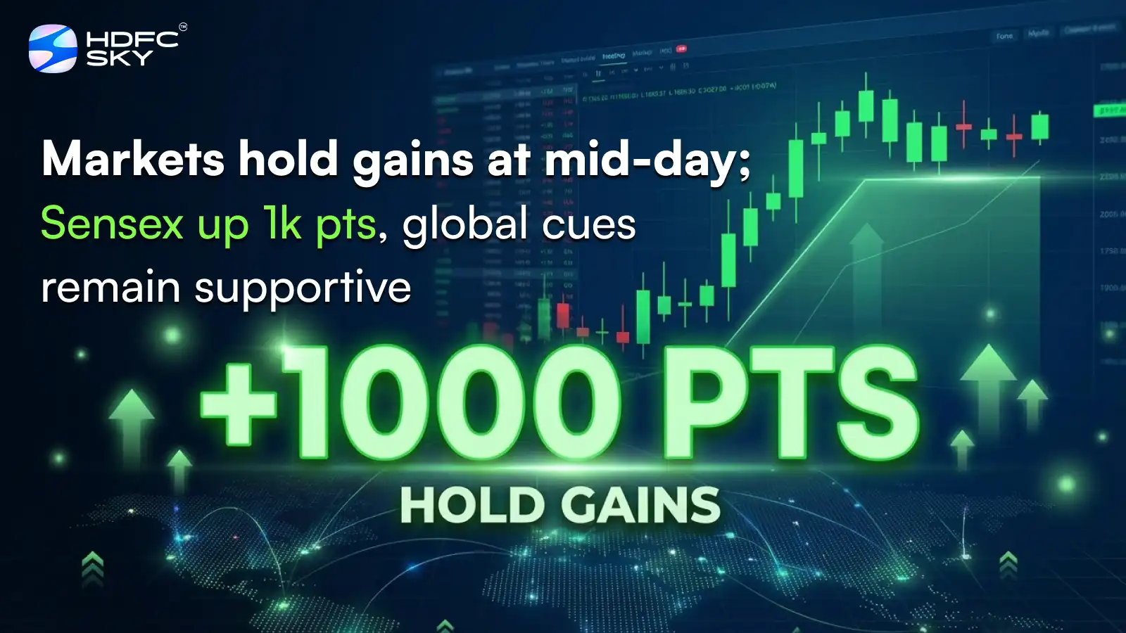 Markets Hold Gains at Mid-Day; Sensex up 1000 Pts, Global Cues Remain Supportive