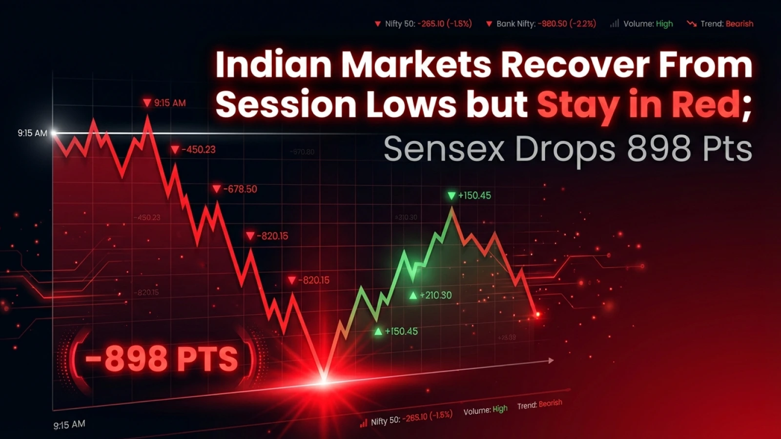 Indian Markets Recover From Session Lows but Stay in Red; Sensex Drops 898 Pts