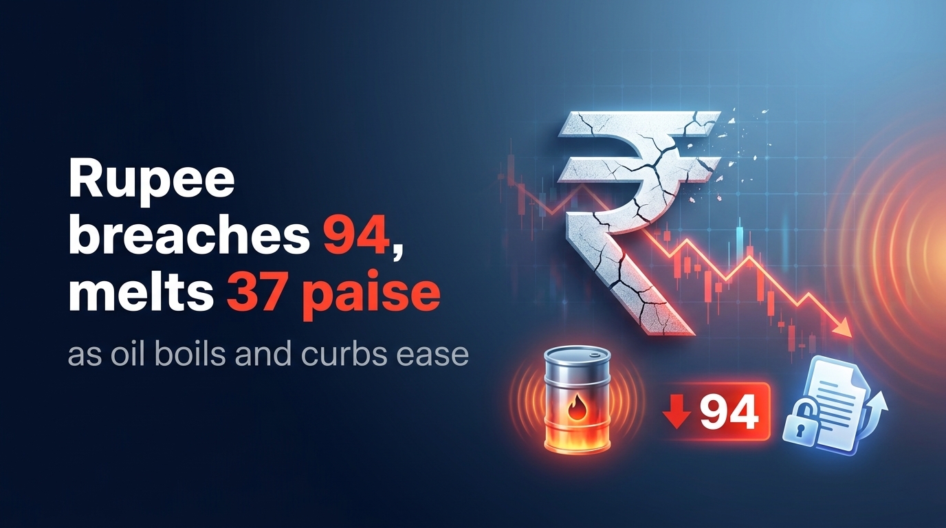 USD vs INR: Rupee Breaches 94, Melts 37 Paise as Oil Boils and Curbs Ease