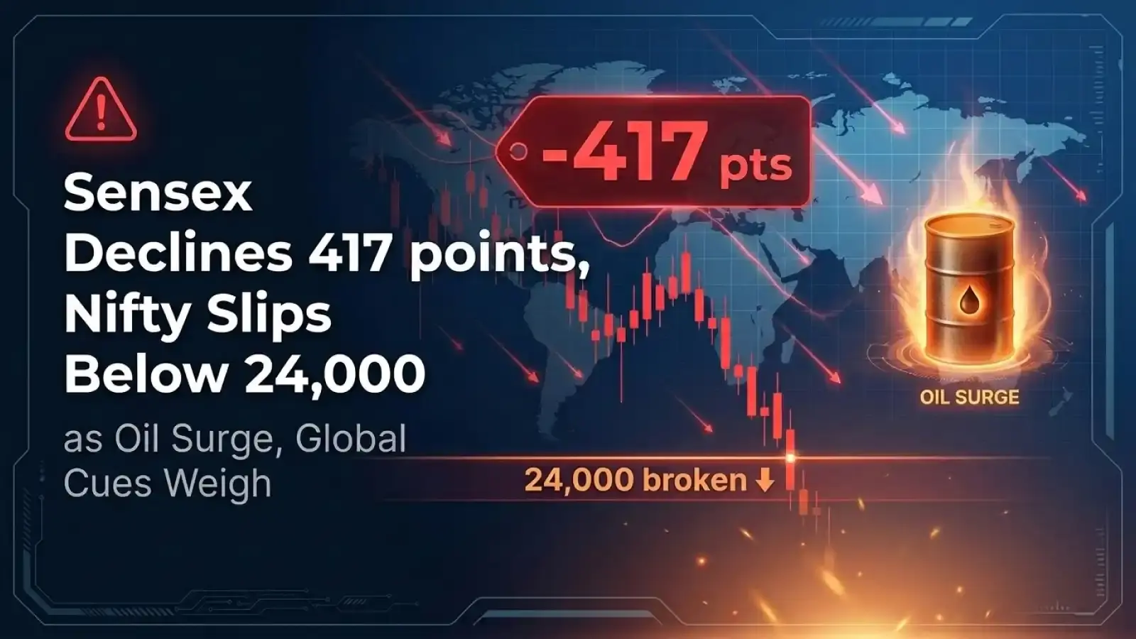 Sensex Declines 417 points, Nifty Slips Below 24,000 as Oil Surge, Global Cues Weigh