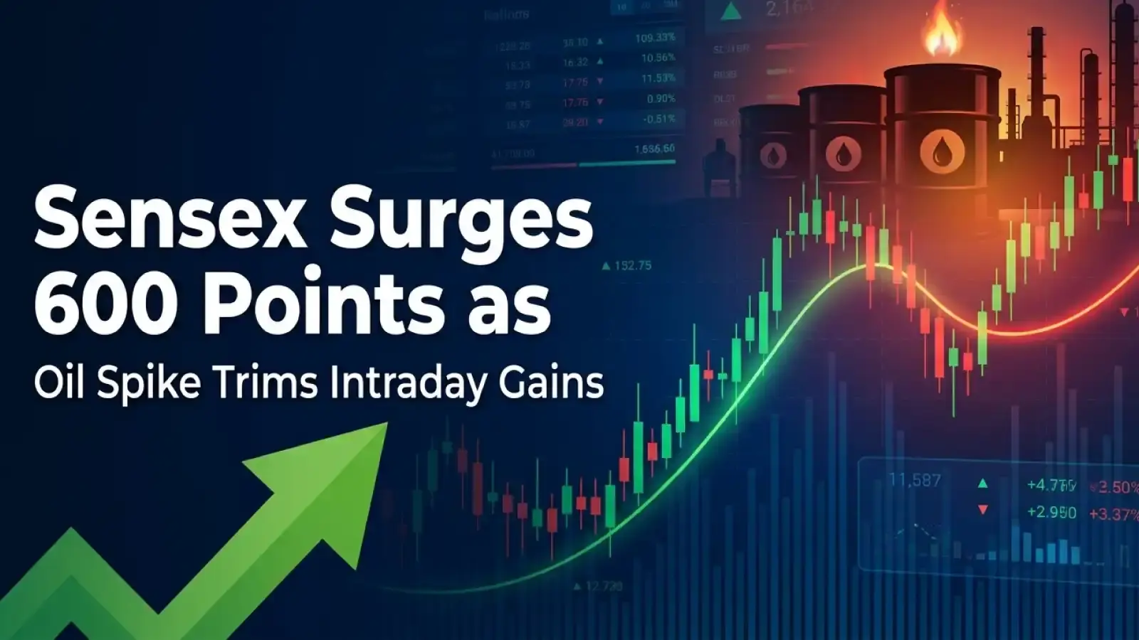 Sensex Surges 600 Points as Oil Spike Trims Intraday Gains