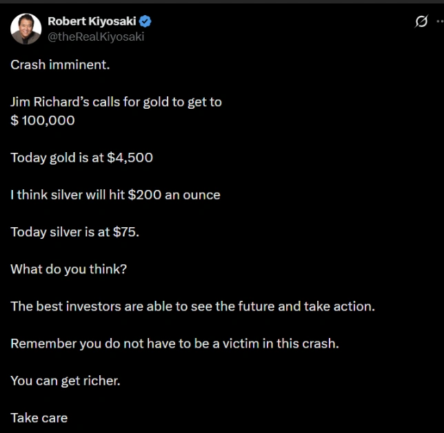 Rich Dad Poor Dad Author Robert Kiyosaki Warns of Imminent Market Crash; Tips Silver at $200, Gold at $100k