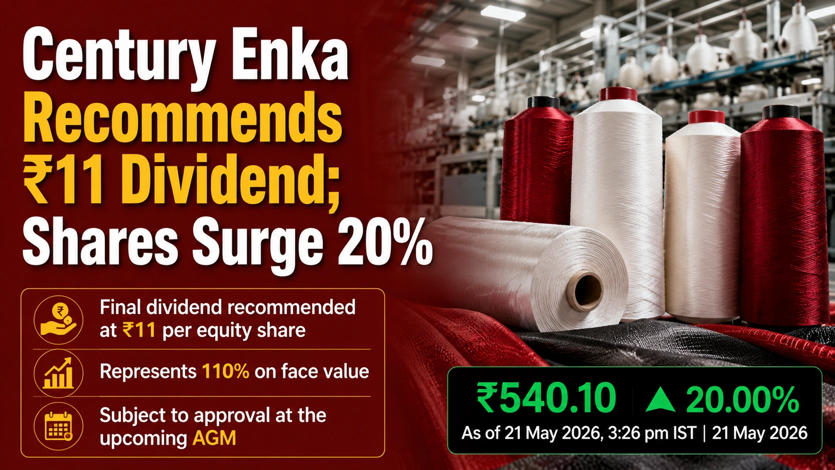 Century Enka Recommends ₹11 Dividend; Shares Jump 20%