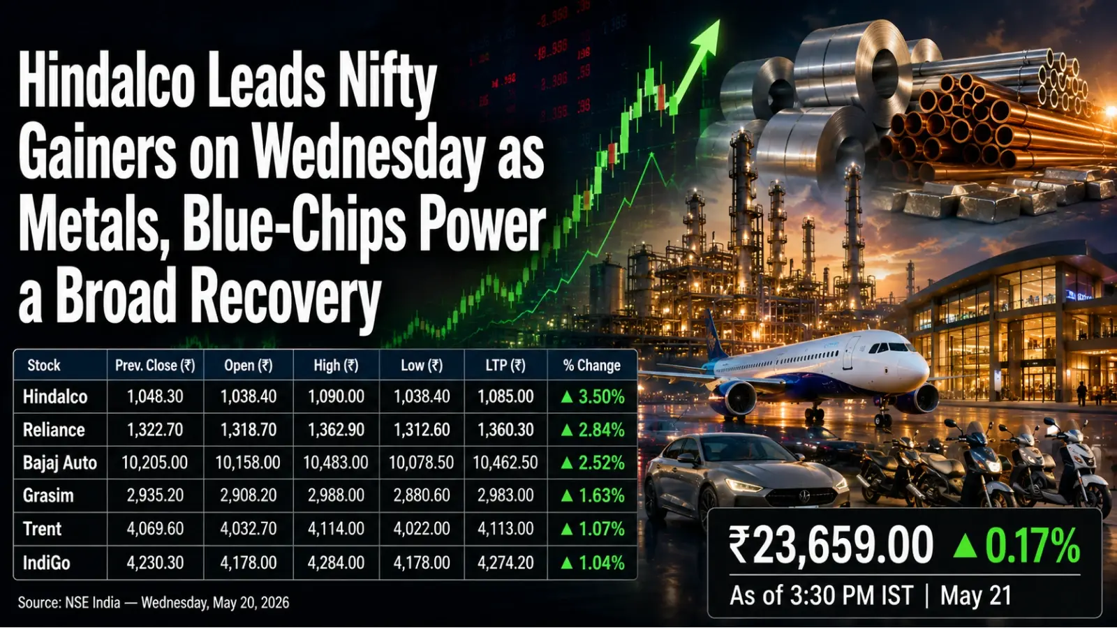 Hindalco Leads Nifty 50 Gainers on Wednesday as Bajaj Auto, Reliance, Grasim, Trent and IndiGo Power a Broad Recovery 