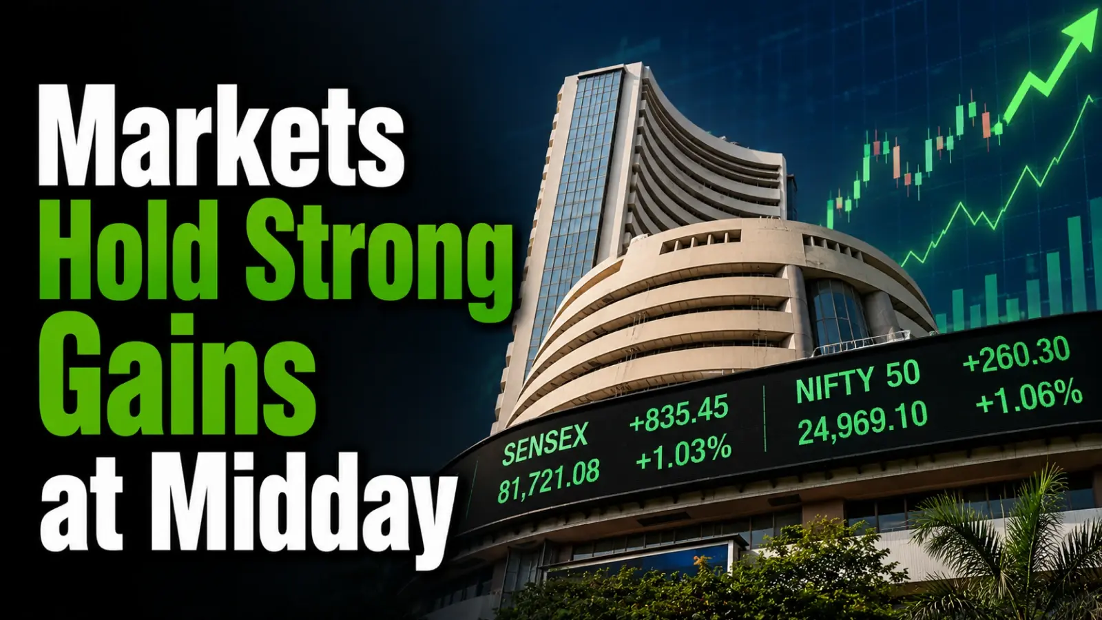 Markets Hold Strong Gains at Midday; Sensex Up 953 pts, Nifty Surges 264 pts