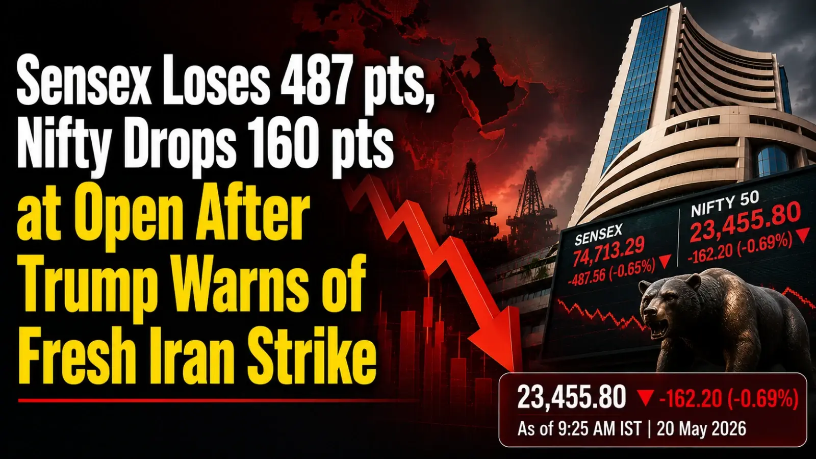 Sensex Loses 487 points, Nifty Drops 160 points at Open After Trump Warns of Fresh Iran Strike 