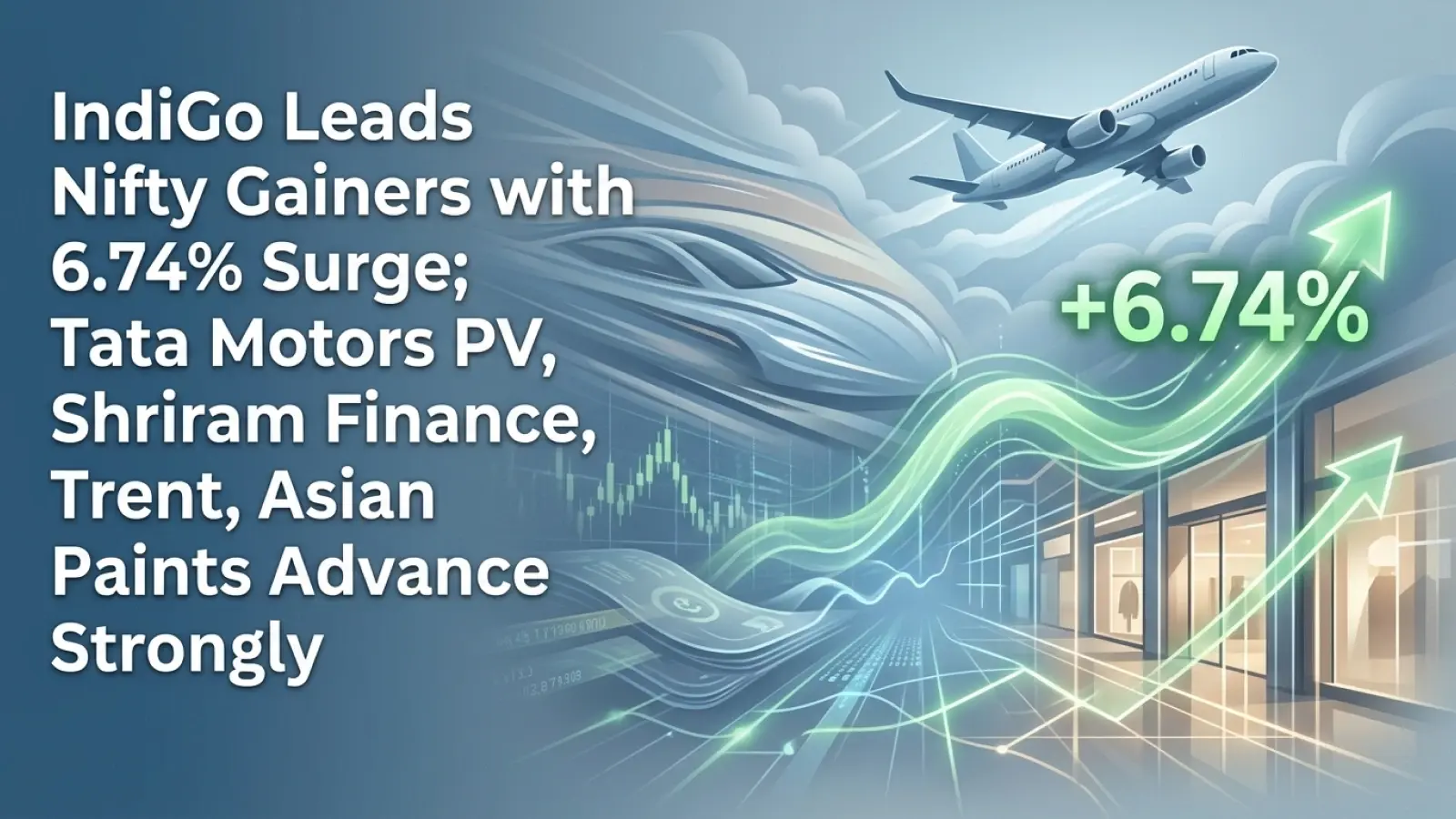 IndiGo Leads Nifty Gainers with 6.74% Surge; Tata Motors PV, Shriram Finance, Trent, Asian Paints Advance Strongly