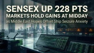Markets Hold Gains at Midday; Sensex Up 228 pts as Middle East Hopes Offset Ship Seizure Anxiety