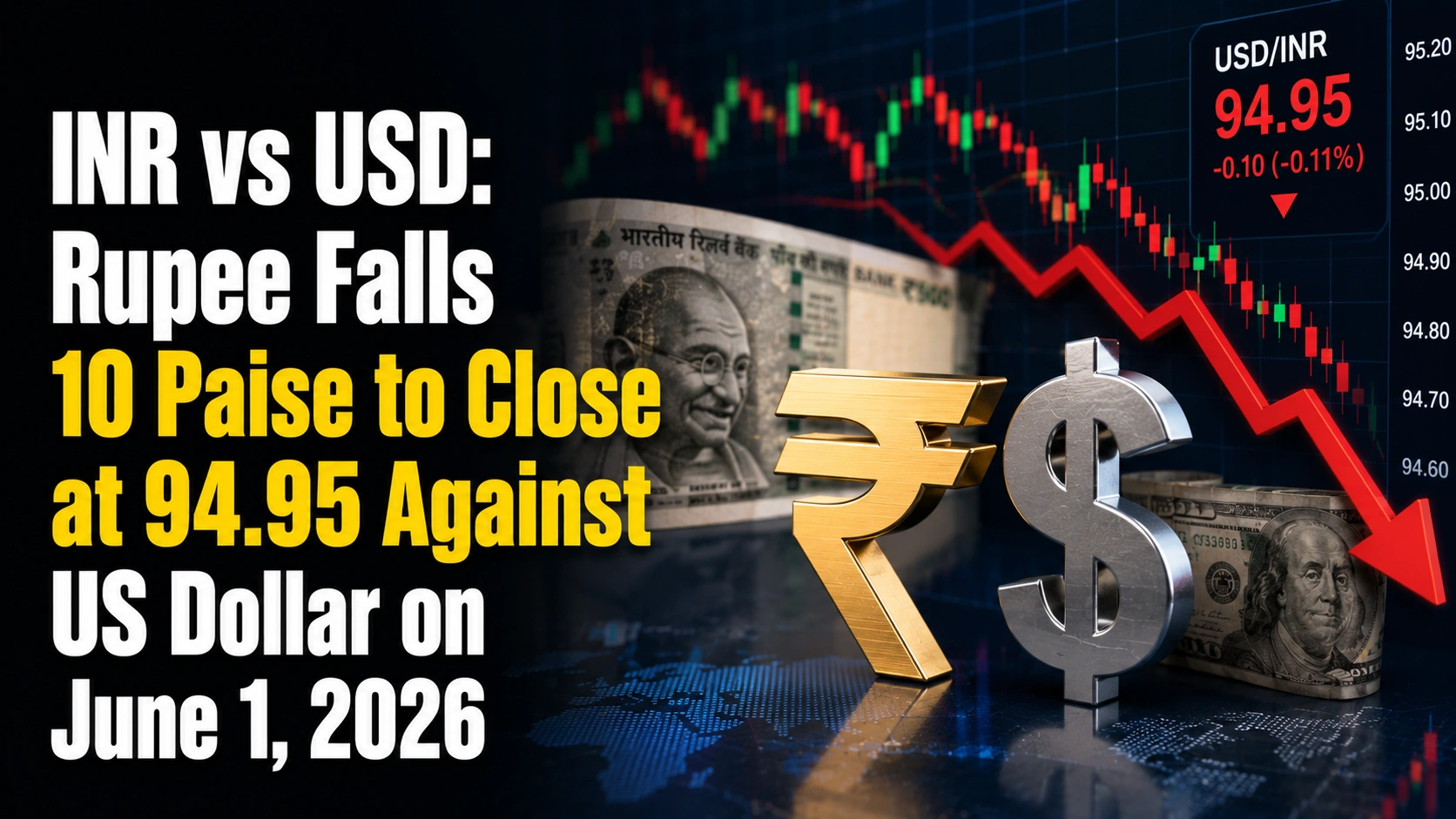 INR vs USD: Rupee Falls 10 Paise to Close at 94.95 Against US Dollar on June 1, 2026