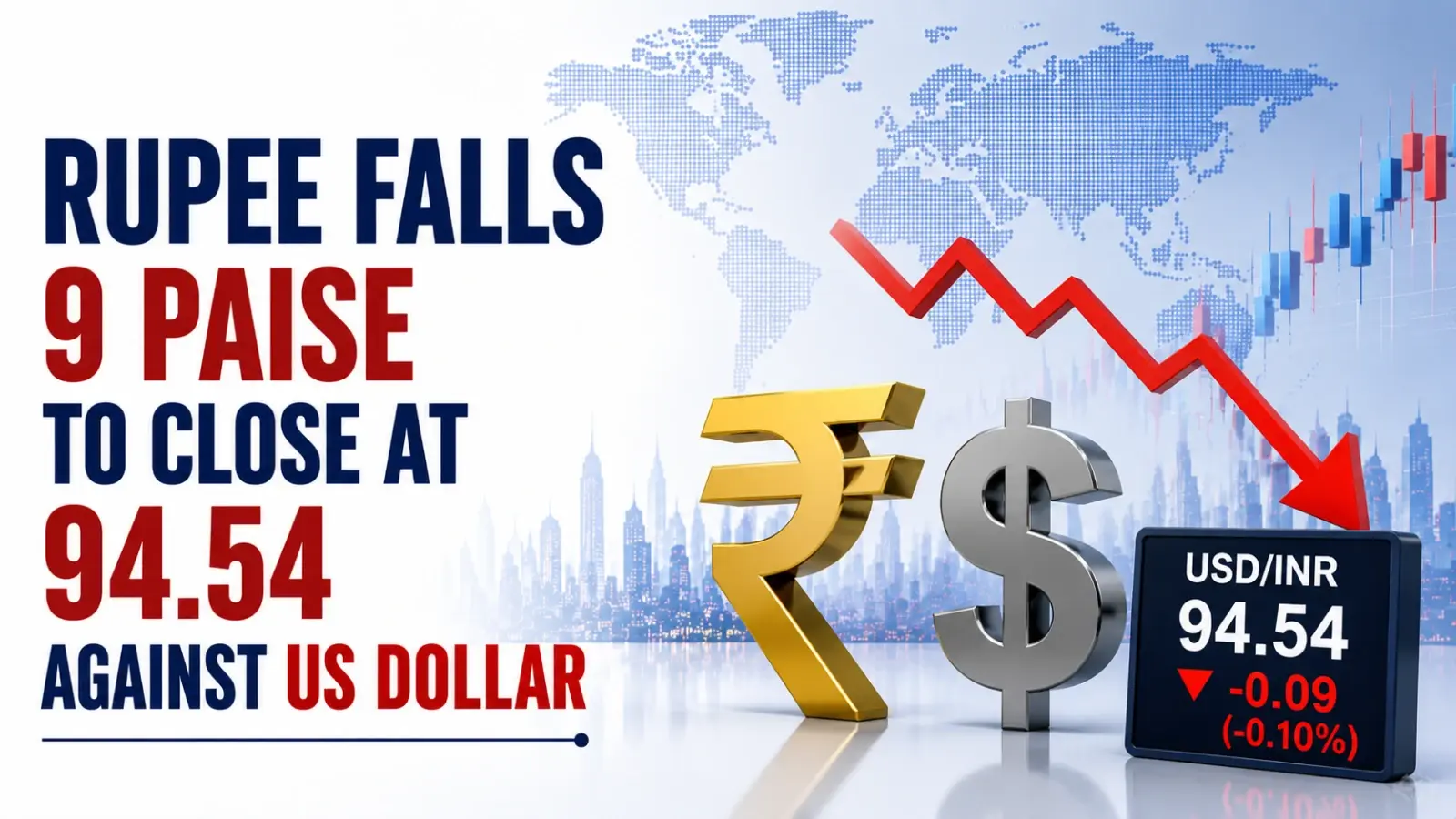 INR vs USD Rate, June 29, 2026: Rupee Falls 9 Paise To Close at 94.54 Against US Dollar