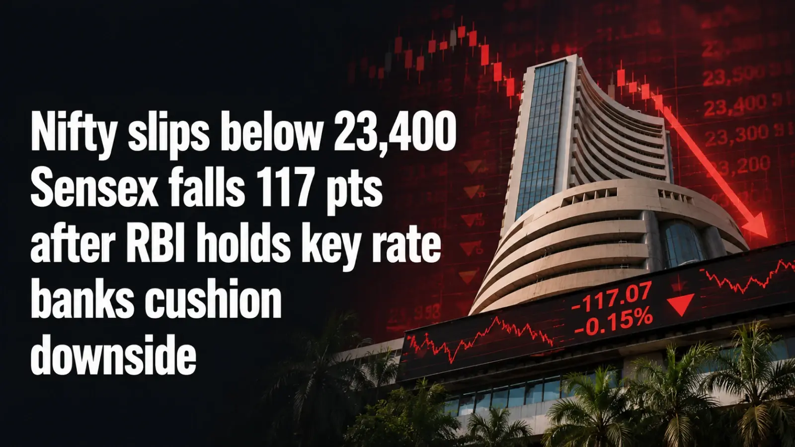 Nifty Slips Below 23,400, Sensex Falls 117 Points After RBI Holds Key Rate; Banks Cushion Downside 