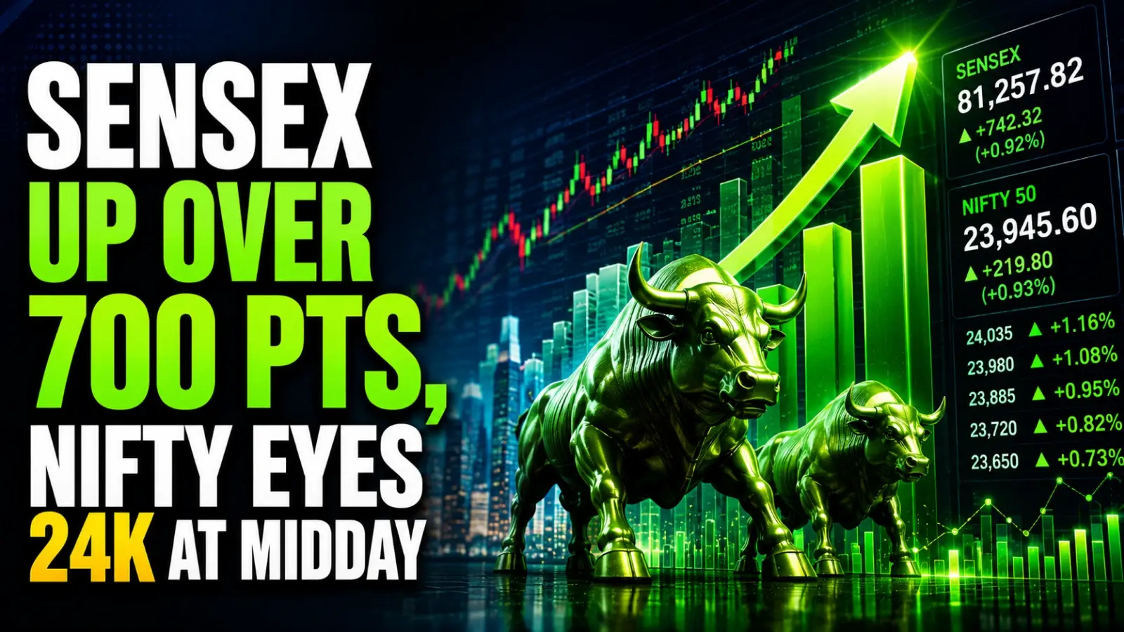Stock Market Mid-Day Report, June 24, 2026: Sensex Up Over 700 points, Nifty Eyes 24K as Geopolitical Easing, Trade Deal Hopes Fuel Rally
