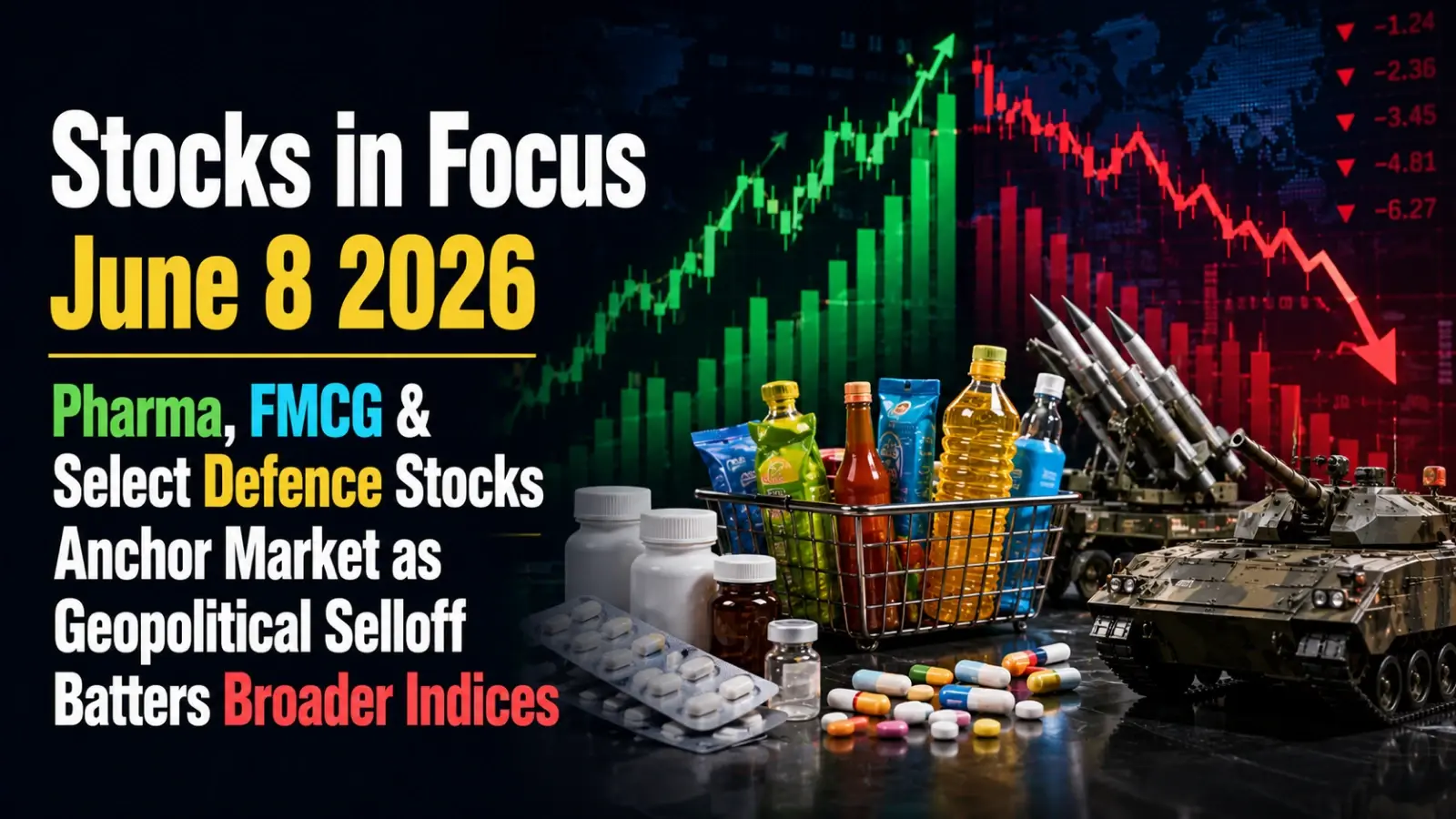 Stocks in Focus, June 8, 2026: Pharma, FMCG & Select Defence Stocks Anchor Market as Geopolitical Selloff Batters Broader Indices