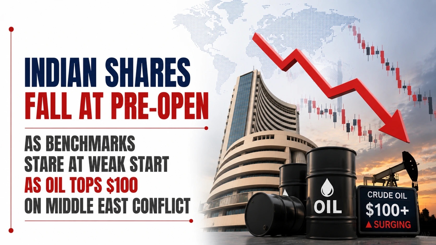 Indian Shares Fall At Pre-Open As Benchmarks Stare At Weak Start As Oil Tops $100 On Middle East Conflict