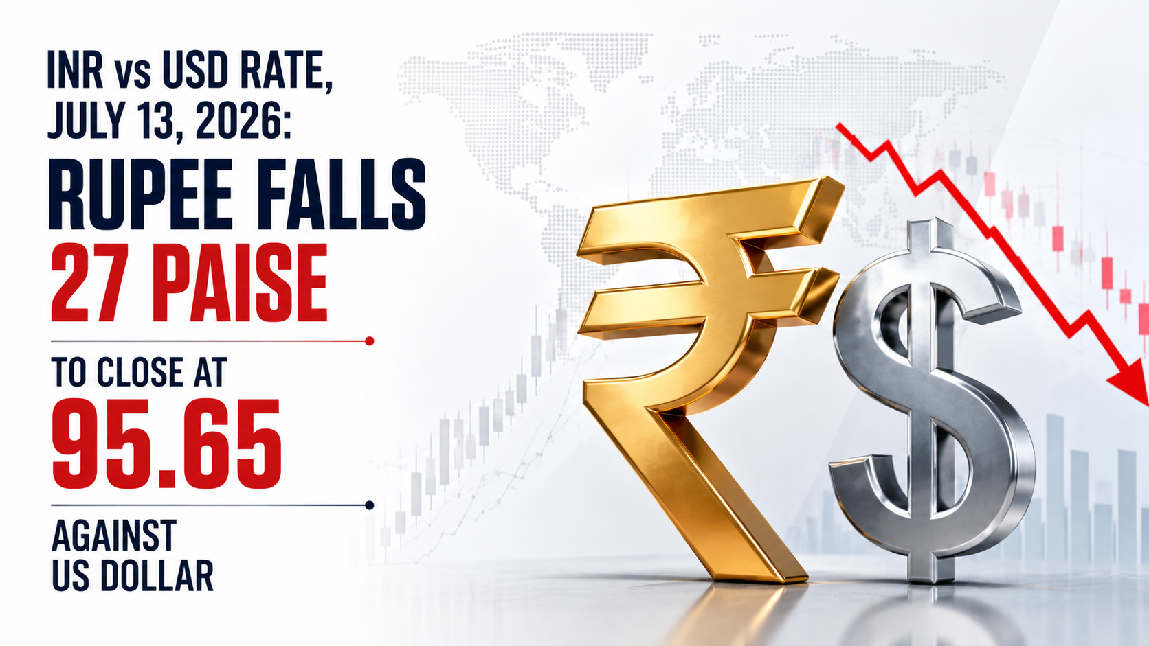 INR vs USD Rate, July 13, 2026: Rupee Falls 27 Paise To Close at 95.65 Against US Dollar