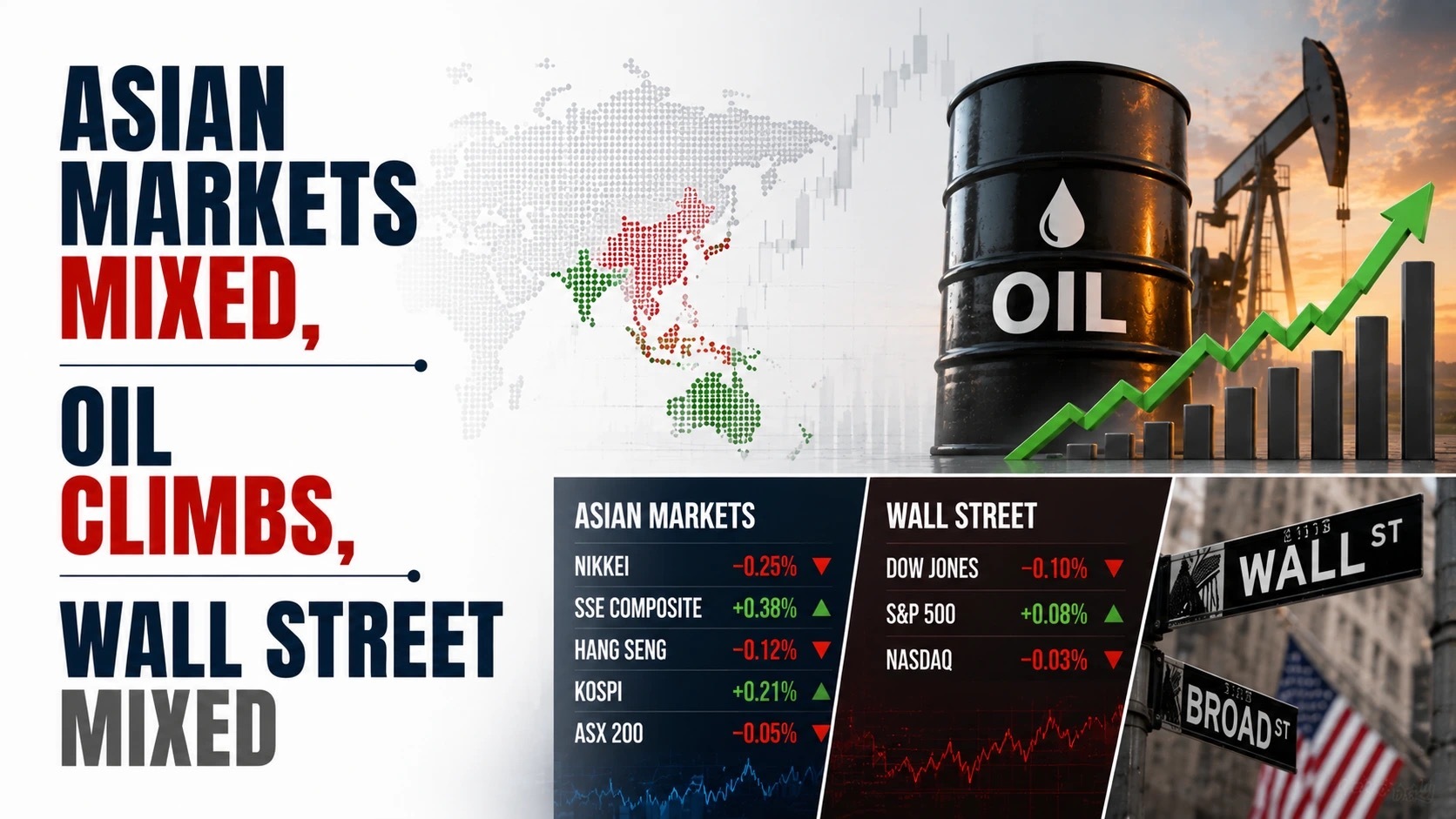 Asian Markets Mixed, Oil Climbs, Wall Street Mixed; D-street Stares at Negative Start