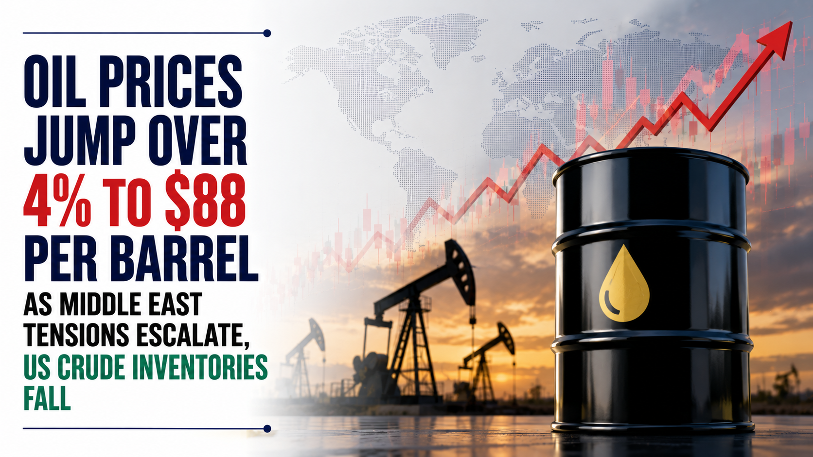 Oil Prices Jump Over 4% To $88 Per Barrel As Middle East Tensions Escalate, US Crude Inventories Fall