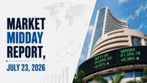 Market Midday Report, July 23, 2026: Sensex, Nifty in Negative Zone at Noon as War with Iran Escalates, Oil Near $96