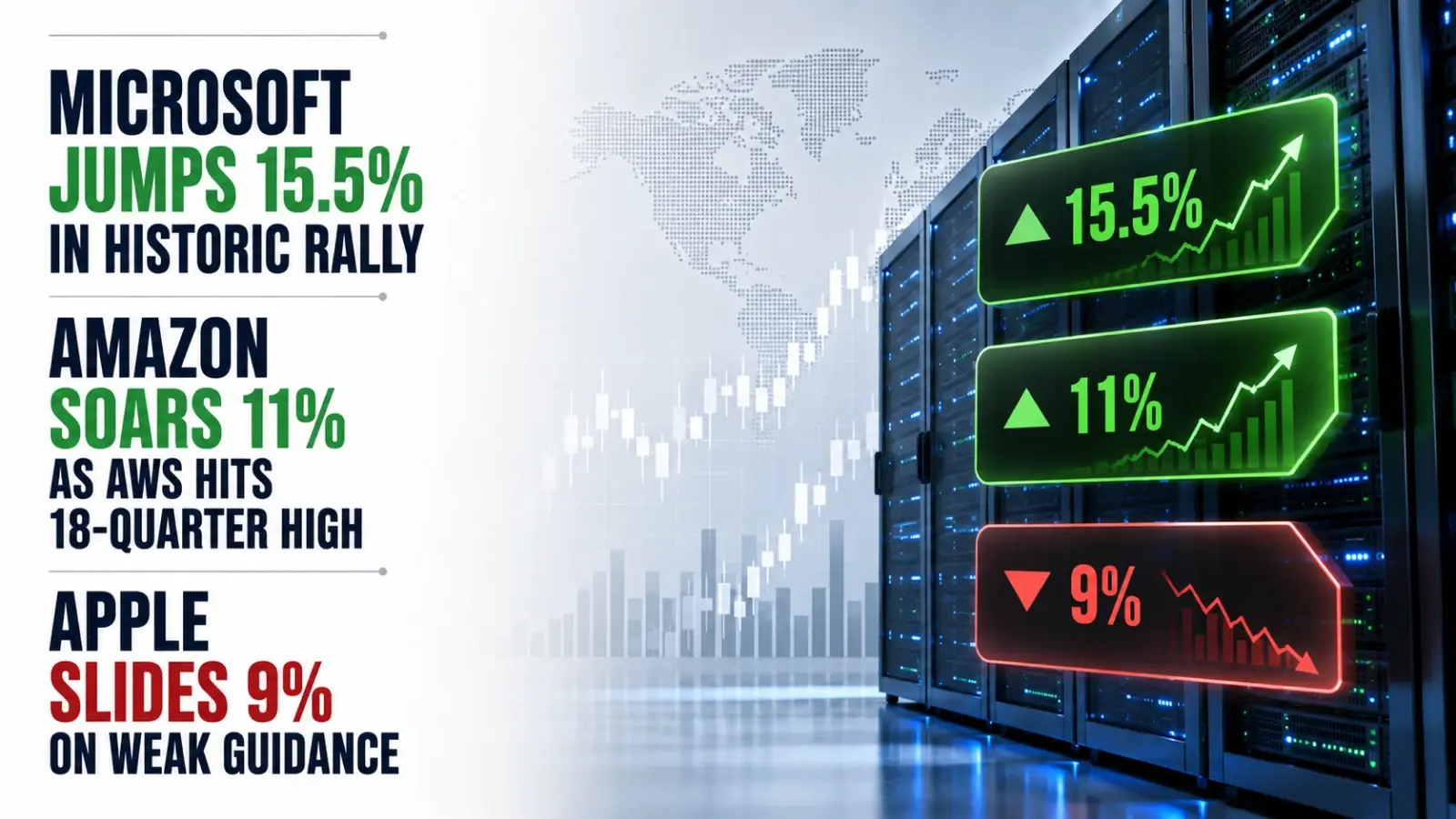 Microsoft Jumps 15.5% in Historic Rally; Amazon Soars 11% as AWS Hits 18-Quarter High; Apple Slides 9% on Weak Guidance 