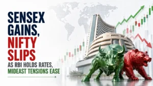 Sensex Gains, Nifty Slips as RBI Holds Rates, Mideast Tensions Ease