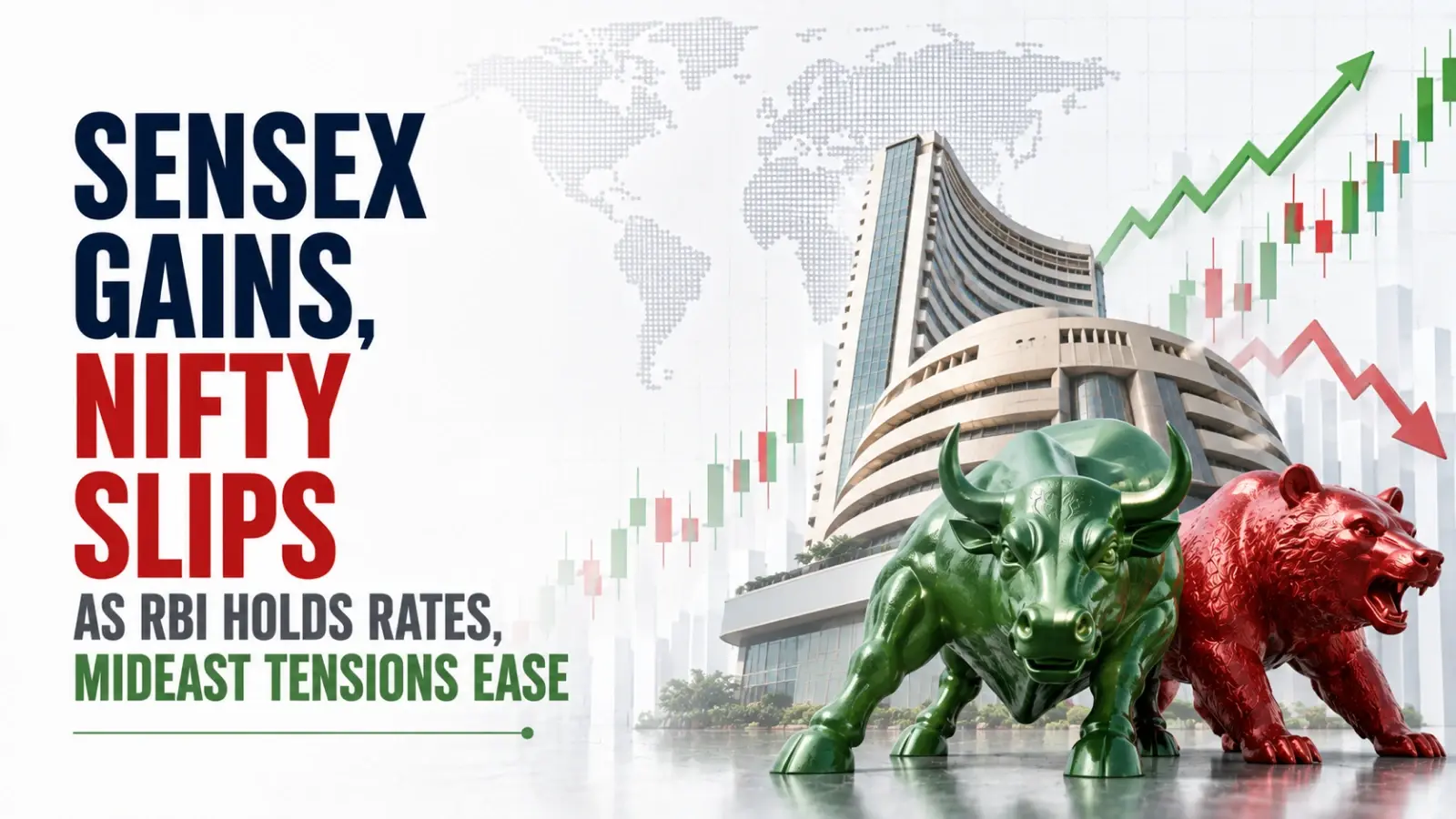 Sensex Gains, Nifty Slips as RBI Holds Rates, Mideast Tensions Ease