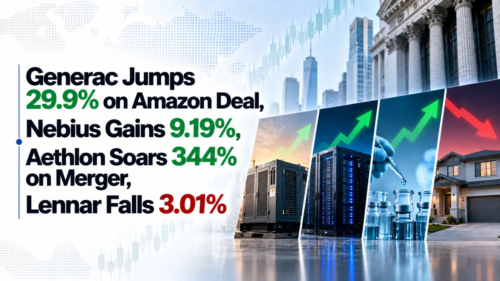 Generac Jumps 29.9% on Amazon Deal, Nebius Gains 9.19%, Aethlon Soars 344% on Merger, Lennar Falls 3.01%