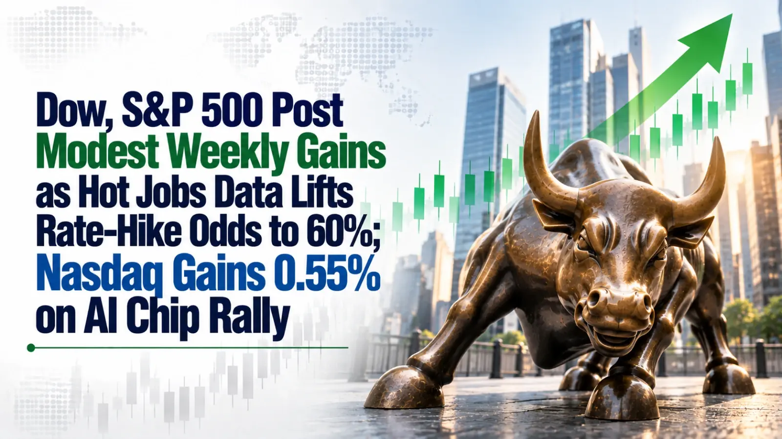 Dow, S&P 500 Post Modest Weekly Gains as Hot Jobs Data Lifts Rate-Hike Odds to 60%; Nasdaq Gains 0.55% on AI Chip Rally