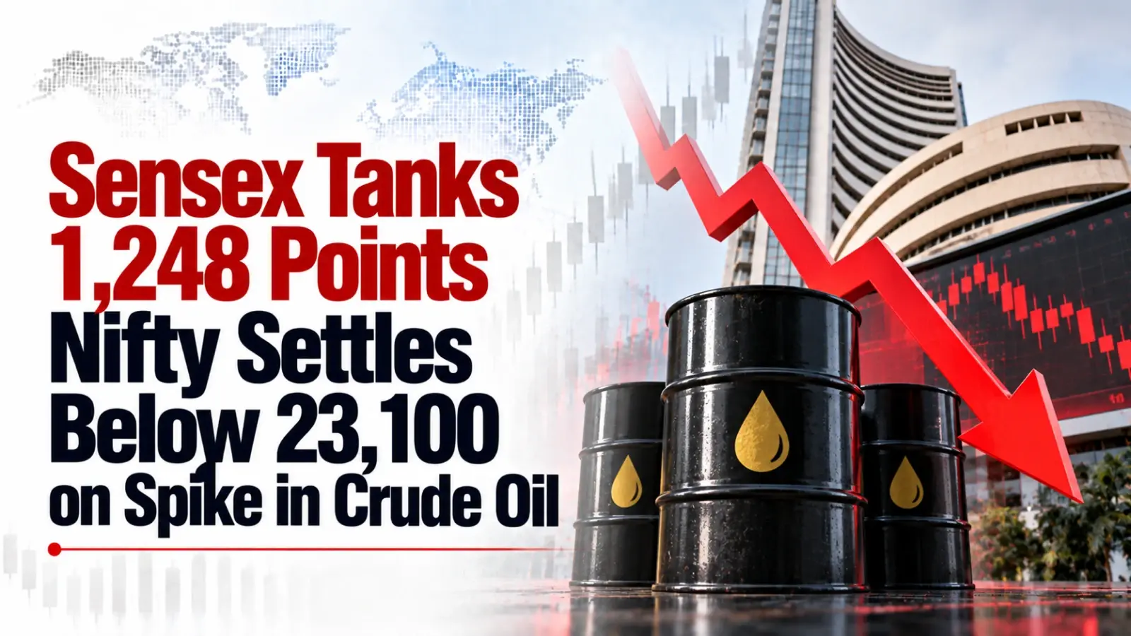 Sensex Tanks 1,248 Points, Nifty Settles Below 23,100 on Spike in Crude Oil