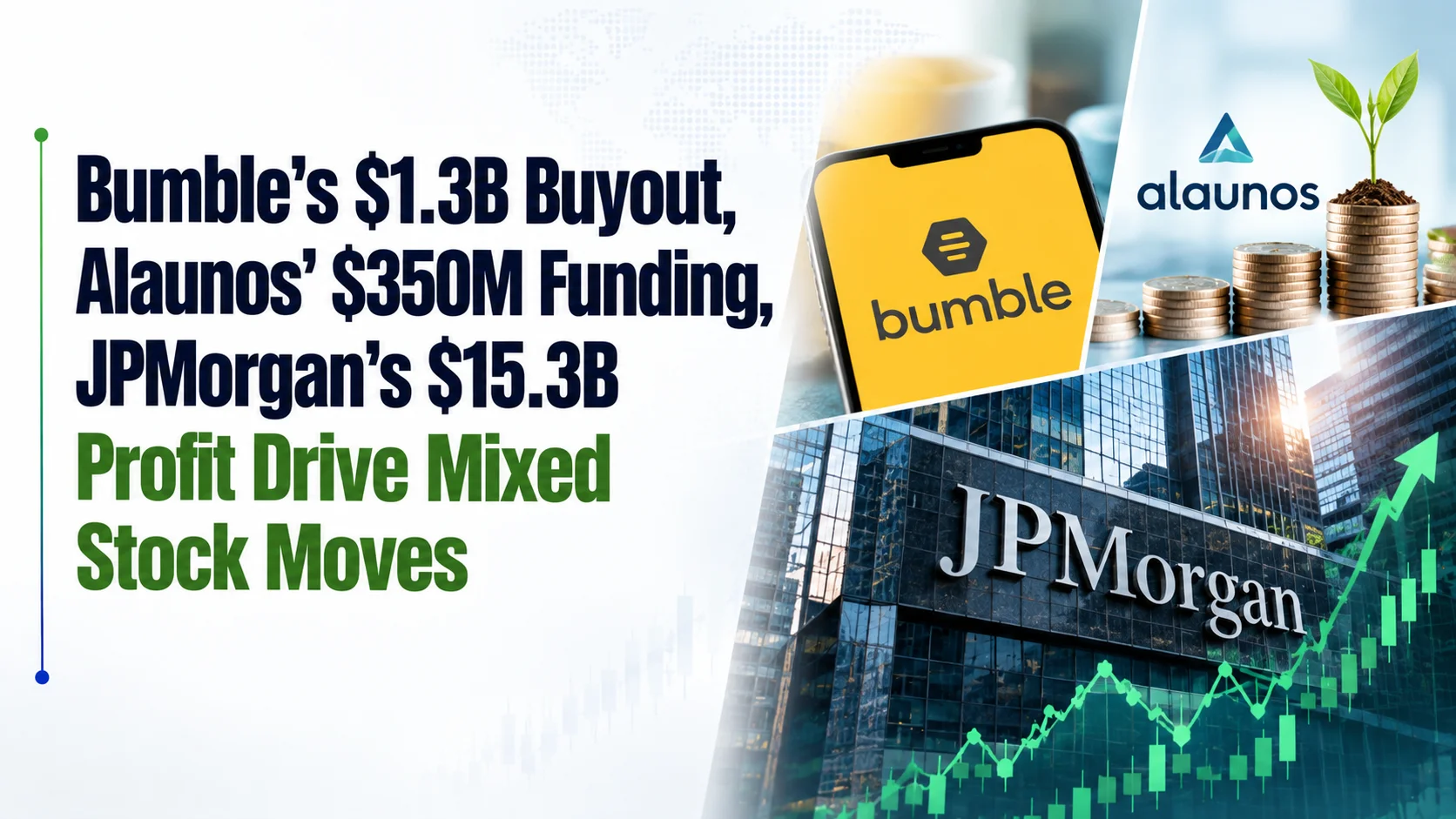Bumble’s $1.3B Buyout, Alaunos’ $350M Funding, JPMorgan’s $15.3B Profit Drive Mixed Stock Moves
