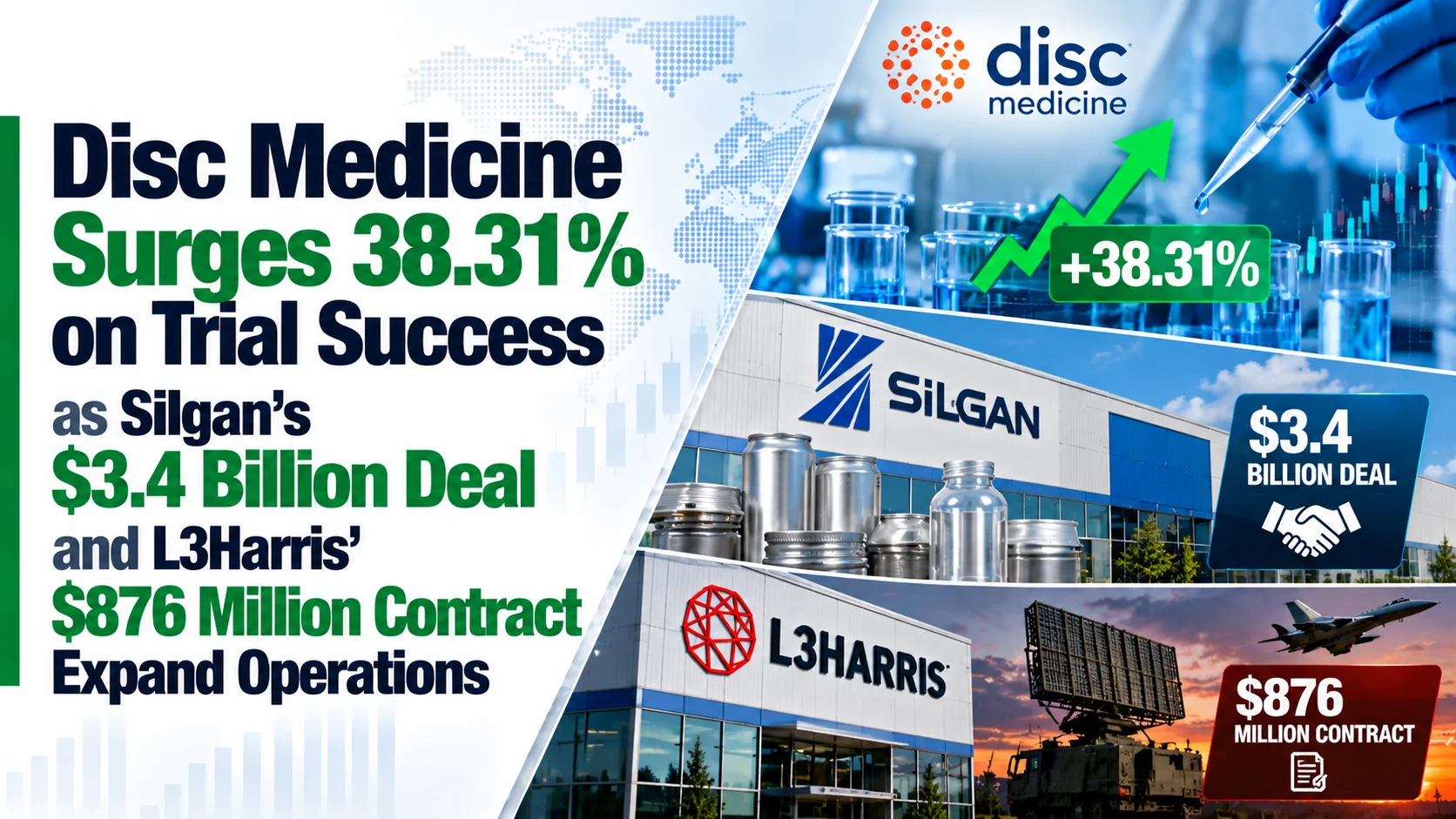 Disc Medicine Surges 38.31% on Trial Success as Silgan’s $3.4 Billion Deal and L3Harris’ $876 Million Contract Expand Operations