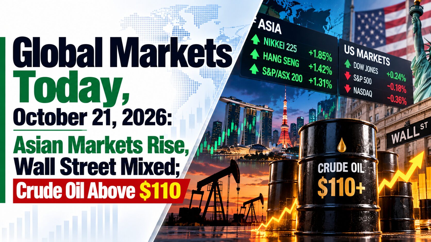 Global Markets Today, October 21, 2026: Asian Markets Rise, Wall Street Mixed; Crude Oil Above $110