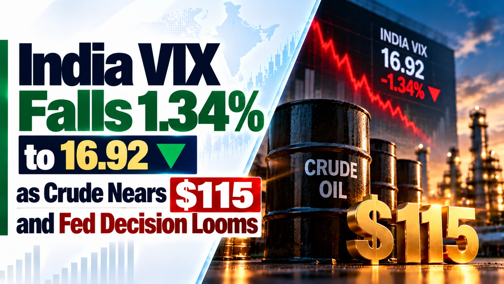 India VIX Falls 1.34% to 16.92 as Crude Nears $115 and Fed Decision Looms