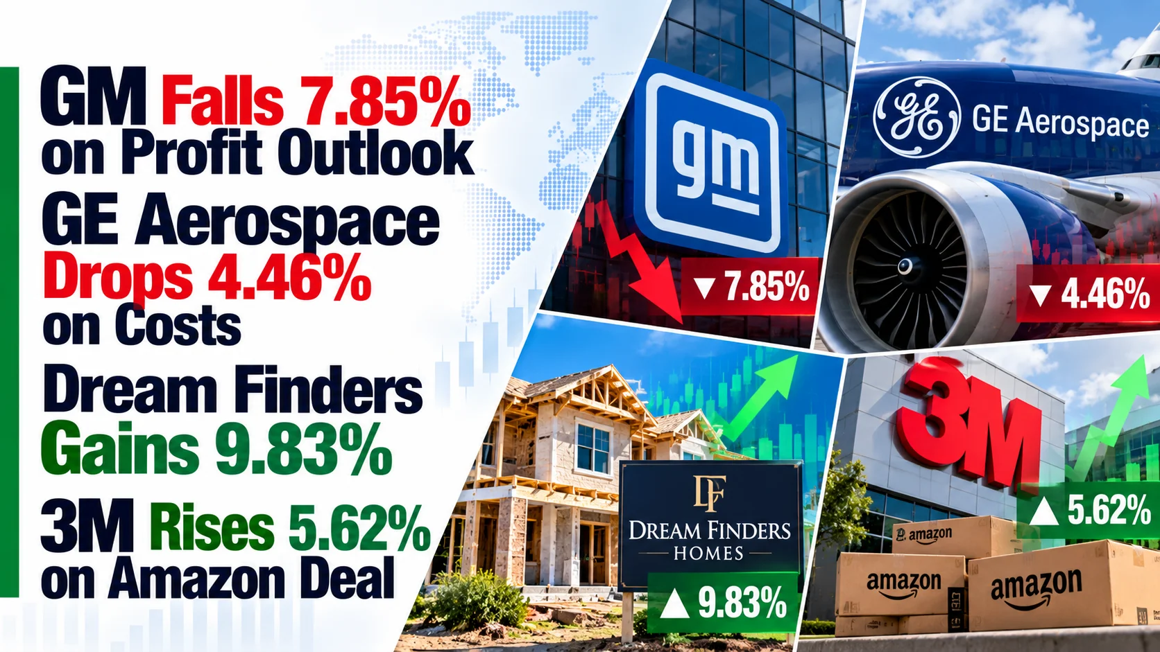 GM Falls 7.85% on Profit Outlook, GE Aerospace Drops 4.46% on Costs, Dream Finders Gains 9.83%, 3M Rises 5.62% on Amazon Deal