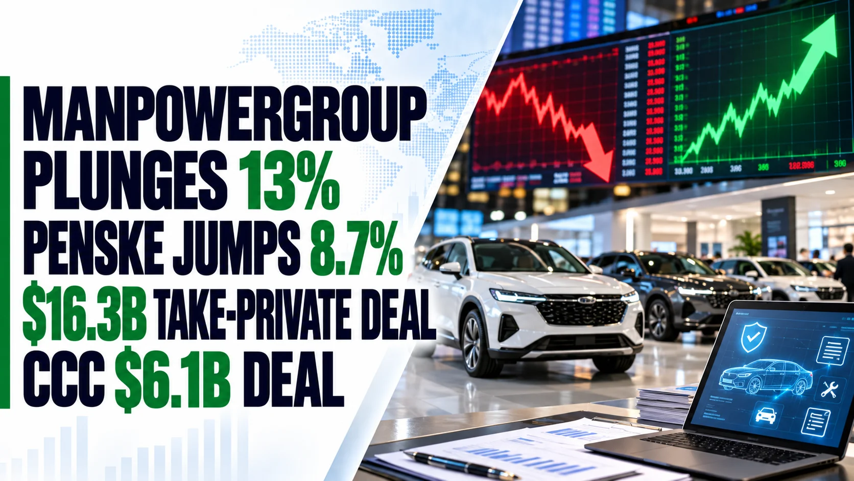 ManpowerGroup Plunges 13%, Penske Jumps 8.7% on $16.3 Billion Take-Private Deal, CCC $6.1 Billion