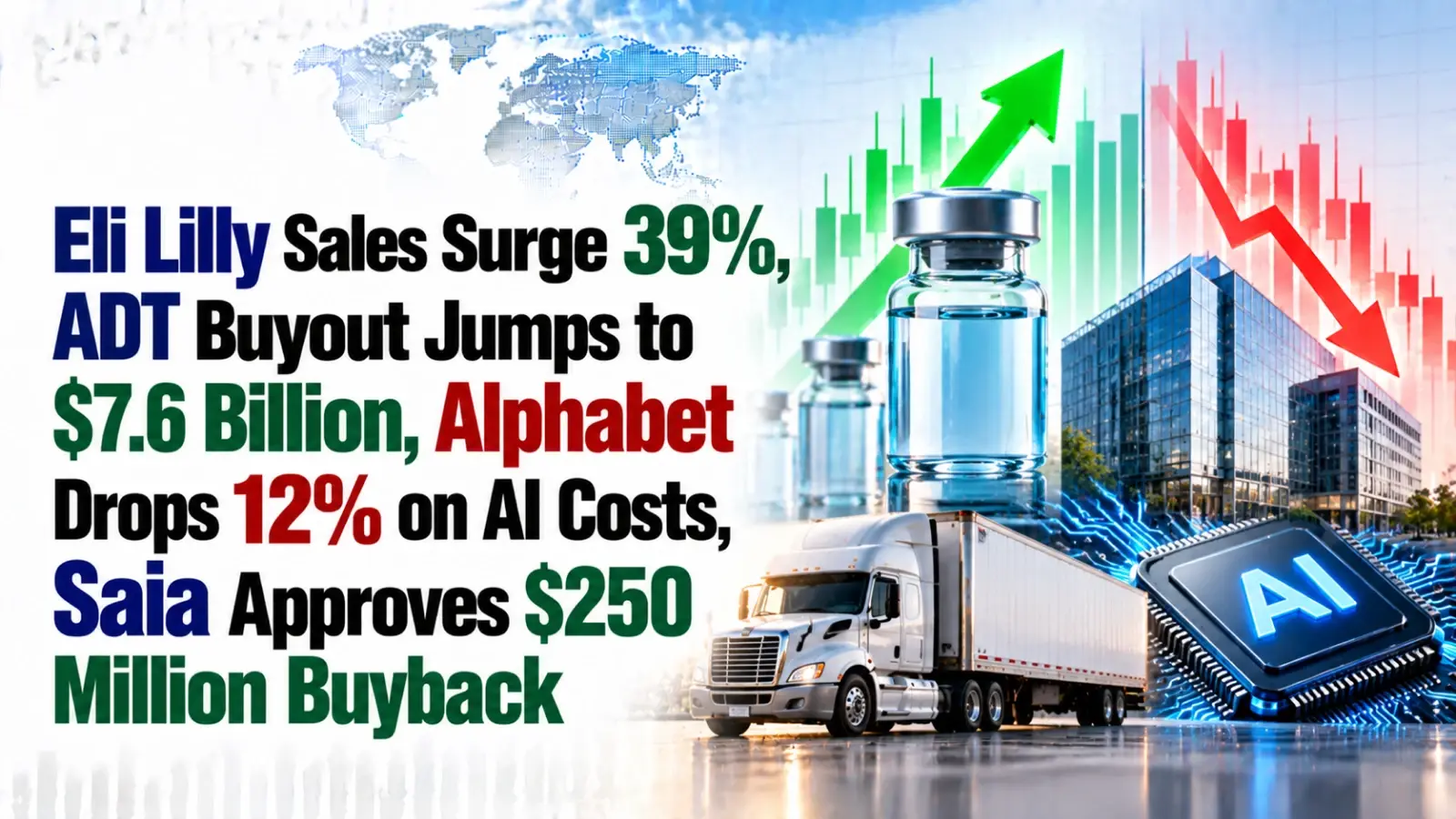 Eli Lilly Sales Surge 39%, ADT Buyout Jumps to $7.6 Billion, Alphabet Drops 12% on AI Costs, Saia Approves $250 Million Buyback