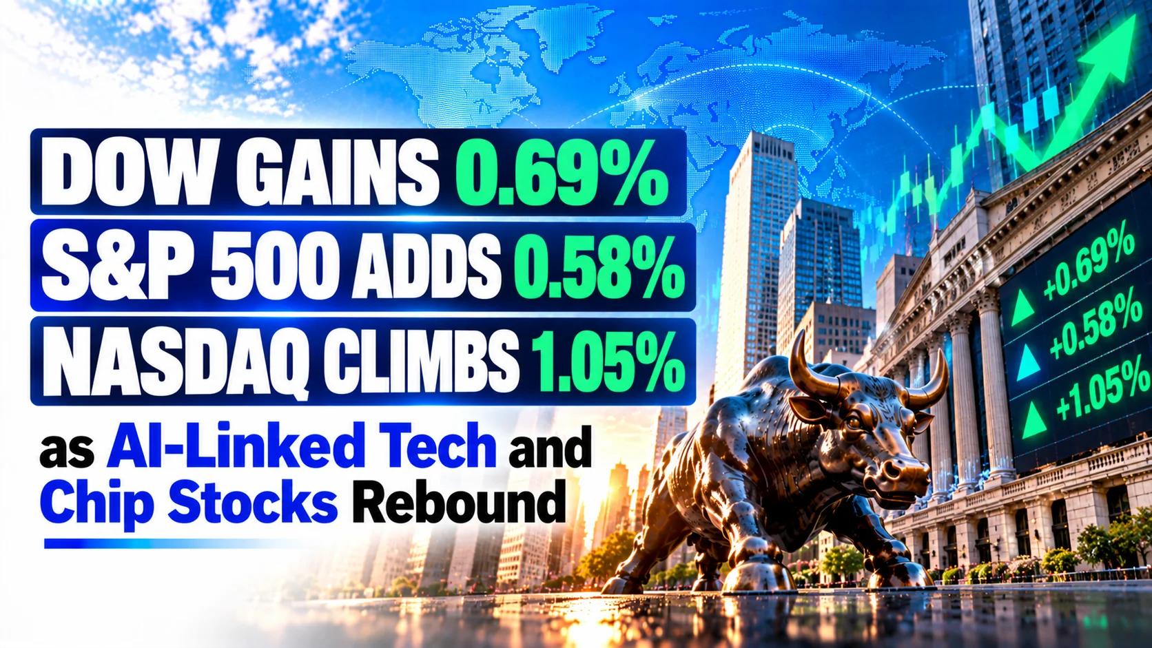 Dow Gains 0.69%, S&P 500 Adds 0.58%, Nasdaq Climbs 1.05% as AI-Linked Tech and Chip Stocks Rebound
