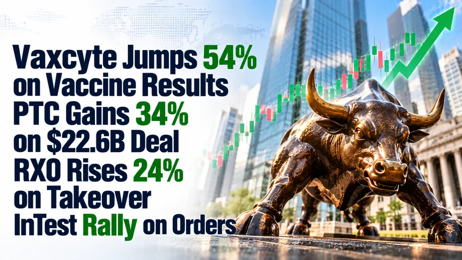 Vaxcyte Jumps 54% on Vaccine Results, PTC Gains 34% on $22.6B Deal, RXO Rises 24% on Takeover, InTest Rally on Orders